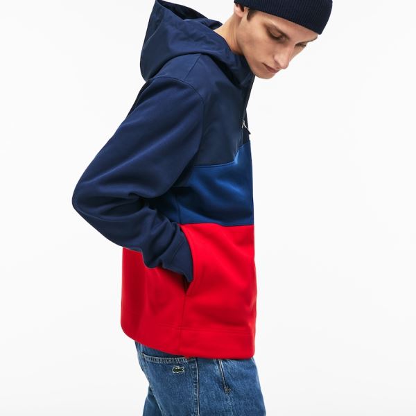 Lacoste Hooded Colorblock Fleece Jersey Sweatshirt - Mikiny Pánské Tmavě Blankyt Blankyt / Červené |